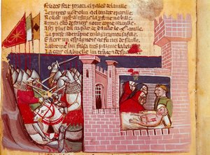 Scene fra slaget ved Roncesvaux i 778. Kamp mellom Charlemagnes hær og saracenerne hvor ridderen Roland ble drept. Han er en representant på høyresiden. Miniatyr fra kodeksen «The Entrée d
