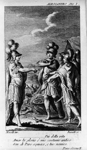 Scene av første akt av "" Alexandre aux Indies" (Alessandro nelle Indie), opera av komponisten Niccolo Vito Piccinni (eller Piccini) (1728-1800) (1758) etter en libretto av Pietro Metastasio (Metastase). Gravering fra slutten av 1700-tallet av Unknown artist