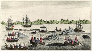 Scene for hvalfiske på Grønland på 1700-tallet, anonymt populærtrykk fra perioden av Unknown artist