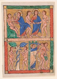 Scener fra 1. Mosebok: skapelsen av Eva, ekteskapet mellom Adam og Eva, fristelsen og utvisningen av Unknown artist
