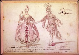 Scenografi: tegning av kostymer for den pastorale "" Nais" av Jean Philippe (Jean-Philippe) Rameau (1683-1764) 1764. Akvarell. av Unknown artist