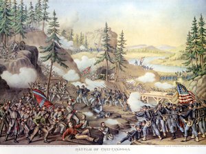 Sesession War (1861 - 1865) eller American Civil Giuerre: 24-25/11/1863: etter to dager med kamp ved Chattanooga, Tennessee, seier til den nordlige hæren kommandert av general Rosecrans. Gravering. av Unknown artist