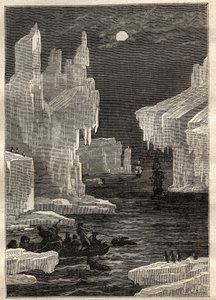 Andre reise (1772-1775) til kaptein James Cook (1728-1779): isøyene (isfjell), kryssinger på banen til omskjæringskappen (Bouvet Island, Antarktis) - illustrasjon hentet fra "The Great Mariners of the 18. århundre"" av Unknown artist