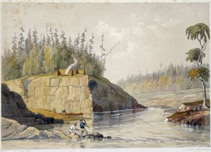 Nybyggere i Canada som fisker i en elv - i "" Skisser på nipisaguit en elv i New Brunswick i Amerika"" av William Hickman, red. Halifax av Unknown artist