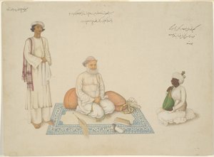 Shah Inayat Allah av Sind med musikeren Makkhu og medhjelperen Shaykh Qiyam al-Din, side fra Fraser-albumet av Unknown artist