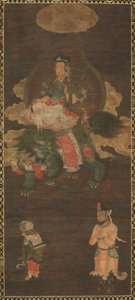 Shakyamuni Triad: Buddha deltatt av Manjushri og Samantabhadra (Bodhisattva med løve) av Unknown artist
