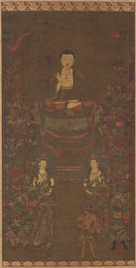 Shakyamuni med de seksten velvillige gudene av Unknown artist