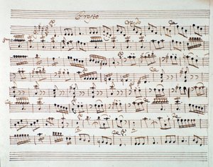 Noterside for den første fiolinen i åpningen av Mithridate, King of the Pont, opera av Mozart (1770) av Unknown artist