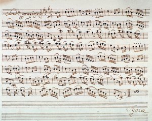 Noterside for den første fiolinen i åpningen av Mithridate, King of the Pont, opera av Mozart (1770) av Unknown artist