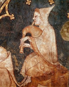 Shepherd blåser i en sekkepipe Detalj. freskomaleri fra 1300-tallet. Fra Olite (Navarre) Museum of Navarre, Pamplona av Unknown artist