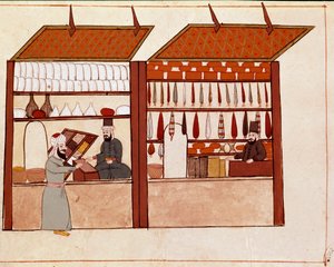 Butikker i gatene i Konstantinopel. Miniatyr hentet fra et Cicogna-manuskript fra 1800-tallet (1828) etter en original fra 1600-tallet (1671). Venezia, Biblioteca Marciana av Unknown artist