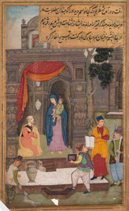 Simeon kneler foran Maria og Jesus etter å ha gjenkjent dem, fra et speil av hellighet (Mir’at al-quds) av far Jerome Xavier av Unknown artist