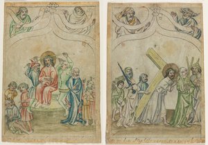 Enkelt blad fra en "Biblia Pauperum": Kristus kronet med torner (recto) Kristus bærer korset (verso) av Unknown artist