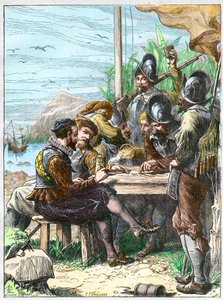 Sir Walter Raleigh på Trinidad, får informasjon fra de spanske soldatene angående Guyana, 1595. - Ekspedisjon av Walter Raleigh av Unknown artist