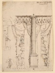 Skisse for tre sidevinger med del av Proscenium-ramme av Unknown artist