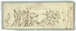 Skisse av kampscene (rekto); Fregatt (verso) av Unknown artist