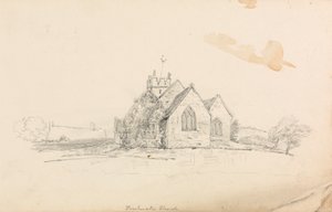 Skisse av en liten landlig kirke; skisse av et skip av Unknown artist