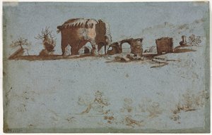 Liten gruppe romerske ruiner (verso) av Unknown artist