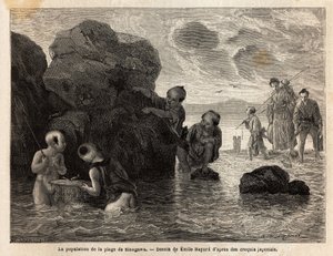 Små fiskeaktiviteter på en strand i Sinagawa, barn plasker i vannet og fanger krabber og småfisk. Gravering for å illustrere reisen til Japan, i 1863-1864, av Aime Humbert, minister for det sveitsiske konføderasjonen, i "" Le tour du monde, nouveau j av Unknown artist