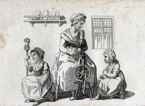 Spinning: mother and her daughters spinning wool. The woman uses a spinning wheel and her daughter uses a cattail. End engraving of the 18th century. Private collection. av Unknown artist