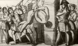 'Spriggs som heiser mannskapet på en Boston-skonnert opp til fortoppen og lar dem falle på dekk', ca. 1836 av Unknown artist