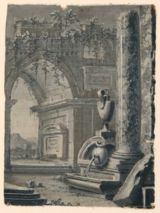 Scenedesign, antikk utsikt i hagen av Unknown artist