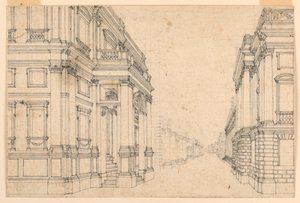 Scenedesign: Bygate med palasser av Unknown artist