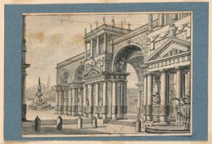 Scenedesign, Colonnade og fontener av Unknown artist