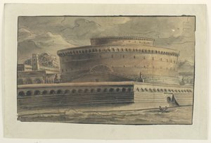 Scenedesign: Eksteriør av sirkulær bygning av Unknown artist