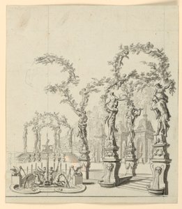 Scenedesign: Hagearkitektur med fontene og skulpturer av Unknown artist