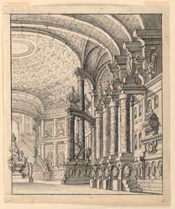 Scenedesign: Hall med innkapslet tak og urner av Unknown artist