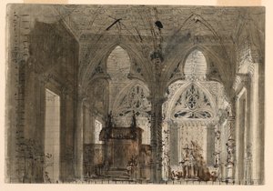 Scenedesign, interiør i gotisk kirke av Unknown artist