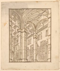Scenedesign: Bibliotekinteriør med buer av Unknown artist