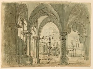Scenedesign, Portico med bygninger av Unknown artist