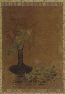Stilleben - en svart vase og blomster av Unknown artist
