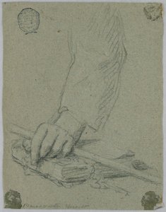 Studie: venstre hånd til en ung mann som holder en pinne og hviler på en bok av Unknown artist