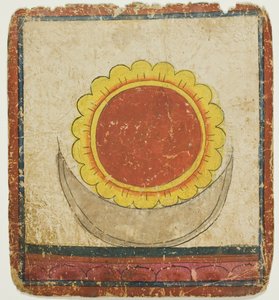 Sol, måne og lotus på lotustronen, fra et sett med innvielseskort (Tsakali) av Unknown artist