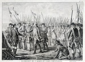 Overgivelse av den britiske hæren til Lord Cornwallis (1738 - 1805) til Amerika 19. oktober 1781. av Unknown artist