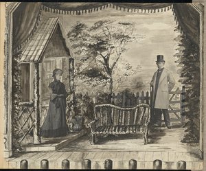 [Tableau vivant av en mann og kvinne på en teaterscene] av Unknown artist