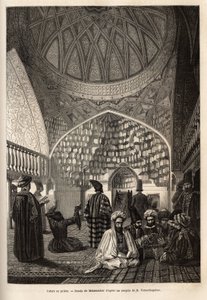 Tatarer i bønn, i moskeen Schusha (Transkaukasia, Russland). Gravering for å illustrere reisen i provinsene i Kaukasus, av Basile Vereschaguine, i 1864-1865, publisert i "" le tour du monde", under ledelse av D'Edouard Charton, Ha av Unknown artist