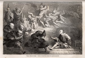 Tengu eller drømmedemon, mindre gud for japansk folklore, zoomorph, han tar form av en ravn, utstyrt med magiske krefter, det er et populært emne for kunst, teater og litteratur i Japan. Gravering for å illustrere reisen til Japan i 1863-1864, av Aim av Unknown artist