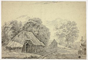 Stråtakskur på gården av Unknown artist
