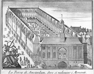 Amsterdam-børsen hvor kjøpmenn samles. 1700-talls gravering. av Unknown artist