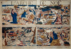 The Ark of Noe Konstruksjonen av arken, Noe mottar kunngjøringen om syndfloden, syndfloden, dyrearten som ble reddet etter syndfloden"" Gravering av privatsamlingen fra 1700-tallet av Unknown artist