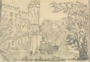 Baksiden av et stort slott med vannhjul i forgrunnen av Unknown artist