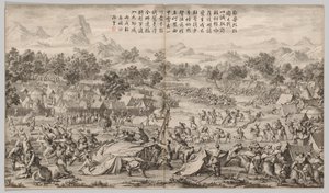 Slaget ved Elei Zhalatu: fra Battle Scenes of the Quelling of Rebellions in the Western Regions, with Imperial Poems av Unknown artist