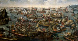 Slaget ved Lepanto, 7. oktober 1571, sent på 1500-tallet (olje på lerret) av Unknown artist