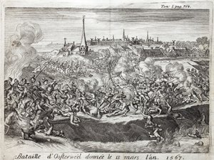 Slaget ved Oosterweel (Nederland, Nederland), holdt 13. mars 1567, den første konfrontasjonen av krigen på åtti (åtti) år (1567–1648). Gravering for å illustrere "History of the War of Flanders", av Flamianus Strada, utgave Joseph T