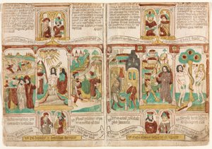 De fattiges bibel (Biblia Pauperum), Faraos hær druknet i Rødehavet; Kristi dåp; og Moses
