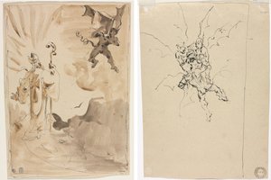 Biskopen og demonen (recto); Tre demoner som holder en ridder (verso) av Unknown artist